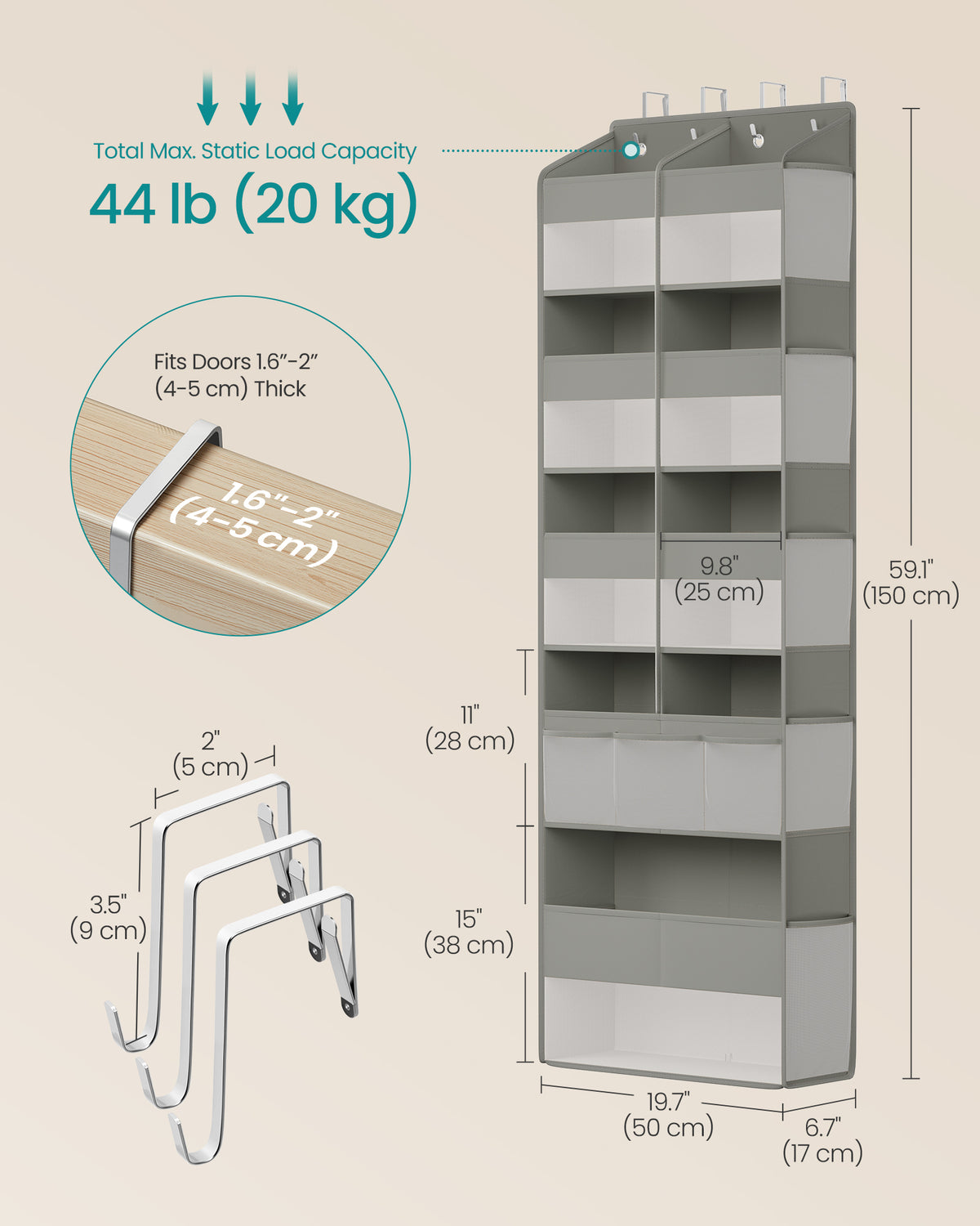 SONGMICS Over-the-Door Organizer, 9-Compartment Door Hanging Storage Shelf, Foldable Closet Hanging Organizer, Heavy-Duty, Metal Hooks, Transparent, Dove Gray