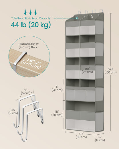 SONGMICS Over-the-Door Organizer, 9-Compartment Door Hanging Storage Shelf, Foldable Closet Hanging Organizer, Heavy-Duty, Metal Hooks, Transparent, Dove Gray