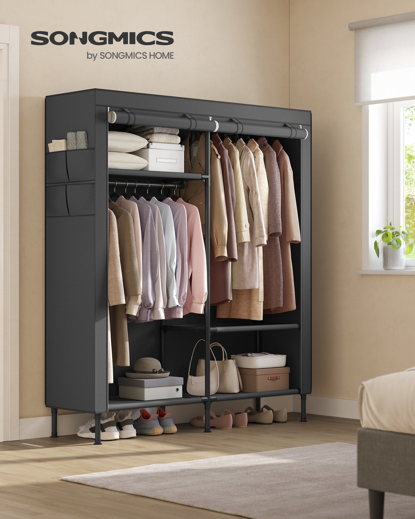 SONGMICS Wardrobe Closet, 65 Inch Heavy Duty Portable Closet, Freestanding Closet Organizer, Clothes Rack with Cover, 2 Hanging Rails, Black