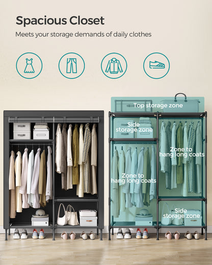 SONGMICS Wardrobe Closet, 65 Inch Heavy Duty Portable Closet, Freestanding Closet Organizer, Clothes Rack with Cover, 2 Hanging Rails, Black