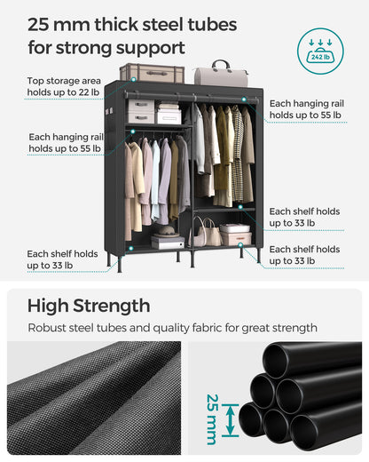 SONGMICS Wardrobe Closet, 65 Inch Heavy Duty Portable Closet, Freestanding Closet Organizer, Clothes Rack with Cover, 2 Hanging Rails, Black