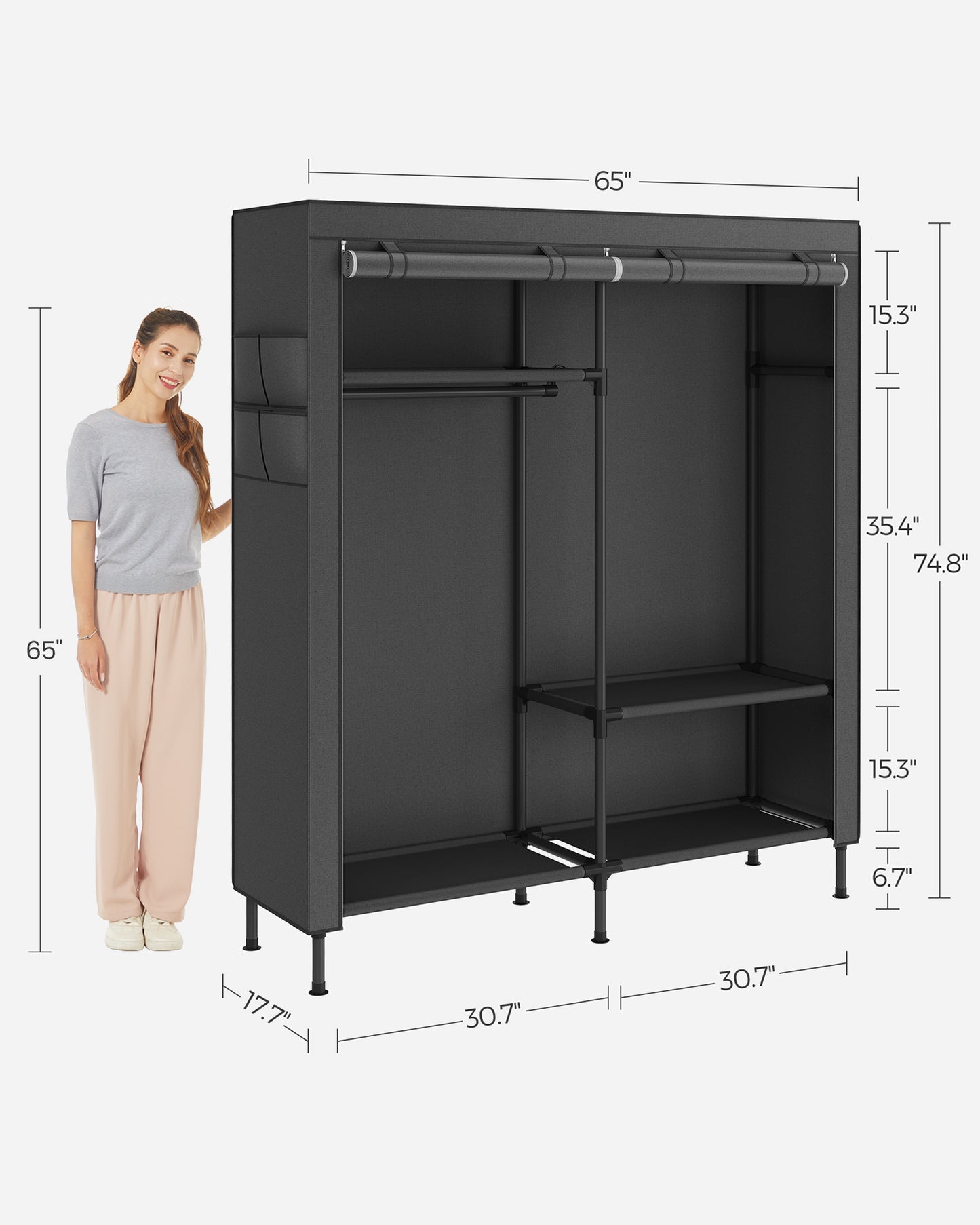 SONGMICS Wardrobe Closet, 65 Inch Heavy Duty Portable Closet, Freestanding Closet Organizer, Clothes Rack with Cover, 2 Hanging Rails, Black