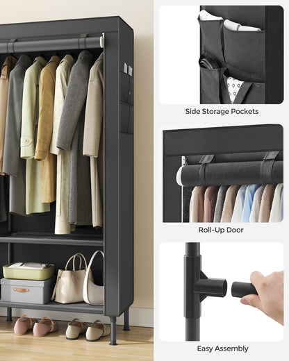 SONGMICS Wardrobe Closet, 65 Inch Heavy Duty Portable Closet, Freestanding Closet Organizer, Clothes Rack with Cover, 2 Hanging Rails, Black