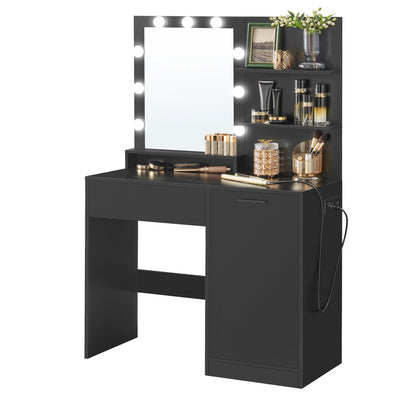 VASAGLE KAILYN Collection - Vanity Desk with Power Outlets and LED Lights, 35.4-Inch Wide Makeup Table with Mirror, Drawer and Cabinet, Ink Black