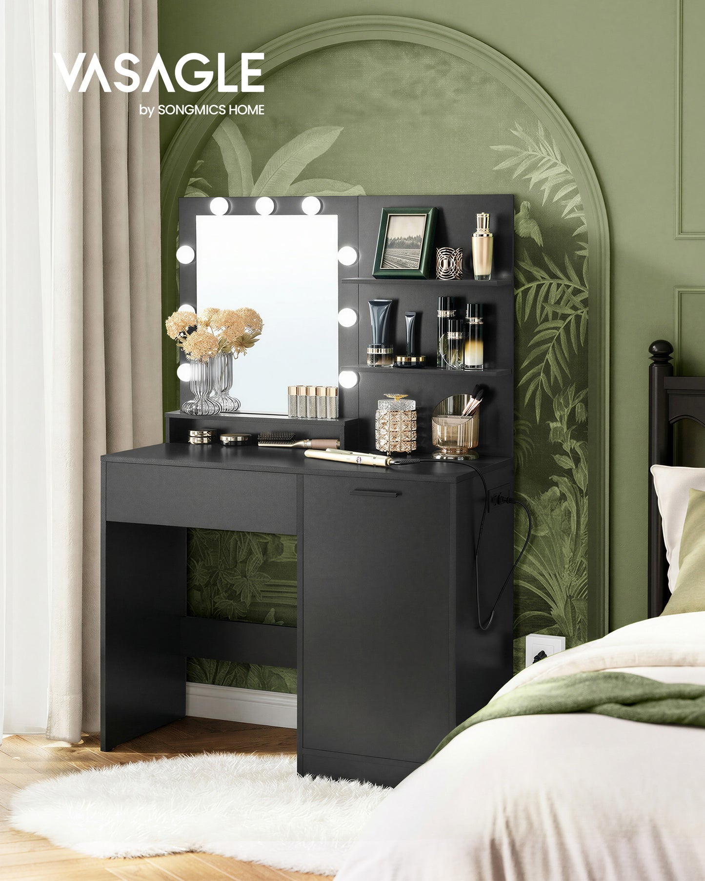 VASAGLE KAILYN Collection - Vanity Desk with Power Outlets and LED Lights, 35.4-Inch Wide Makeup Table with Mirror, Drawer and Cabinet, Ink Black