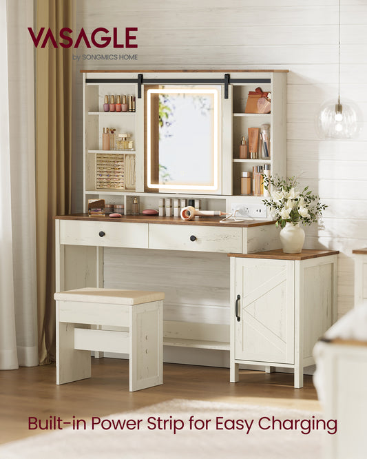 Farmhouse Vanity Desk with Sliding Mirror and Charging Station, 39.4 Inch Makeup Table with Stool and Jewelry Storage, Rustic White