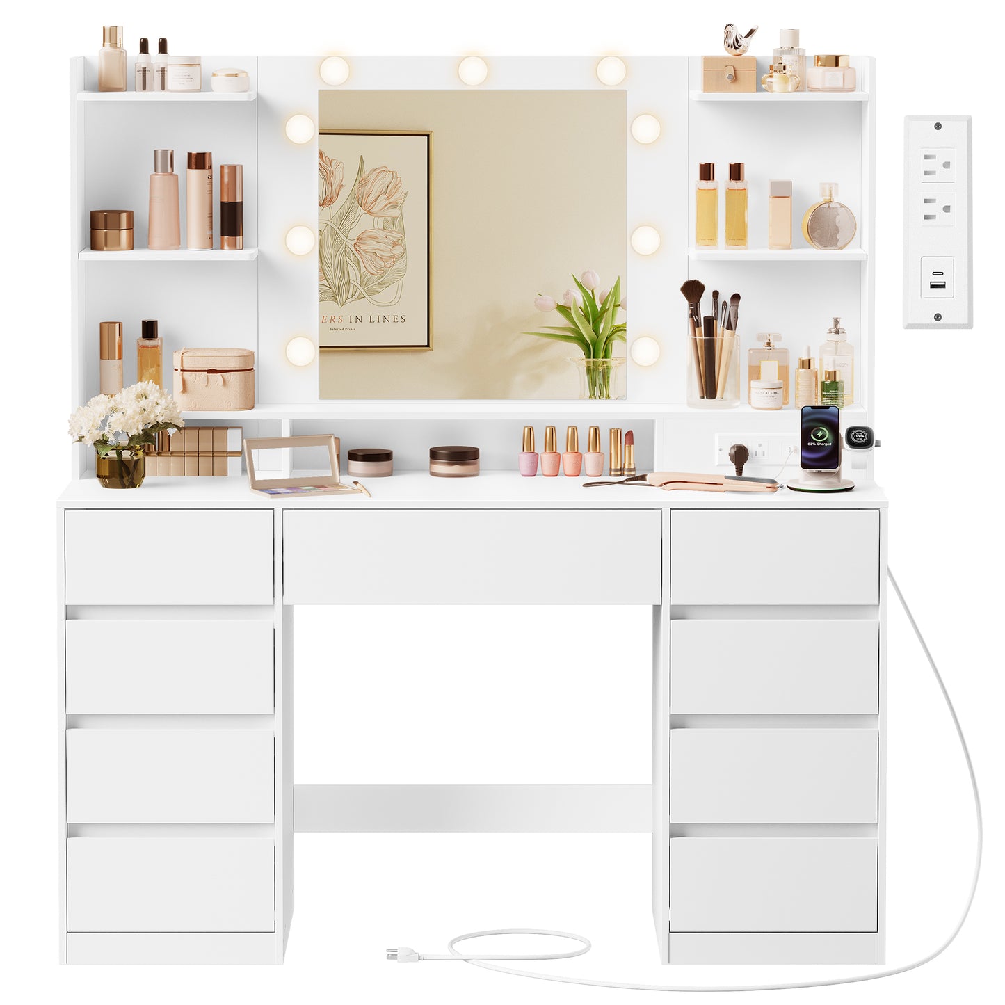 Vanity Desk with 9 LED Lights, 43.3 Inch Makeup Table with 9 Drawers & 8 Compartments, Dressing Table with Charging Station, Cloud White