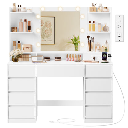 Vanity Desk with 9 LED Lights, 43.3 Inch Makeup Table with 9 Drawers & 8 Compartments, Dressing Table with Charging Station, Cloud White
