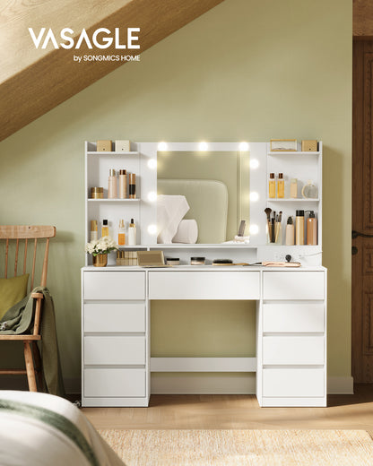 Vanity Desk with 9 LED Lights, 43.3 Inch Makeup Table with 9 Drawers & 8 Compartments, Dressing Table with Charging Station, Cloud White