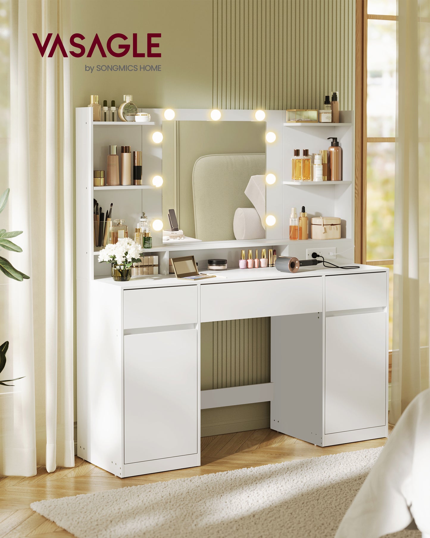 Vanity Desk with 9 LED Lights & Power Outlets, 43.3 Inch Makeup Table with 2 Cabinets, 3 Drawers & 8 Compartments, Dressing Table for Bedroom, Cloud White