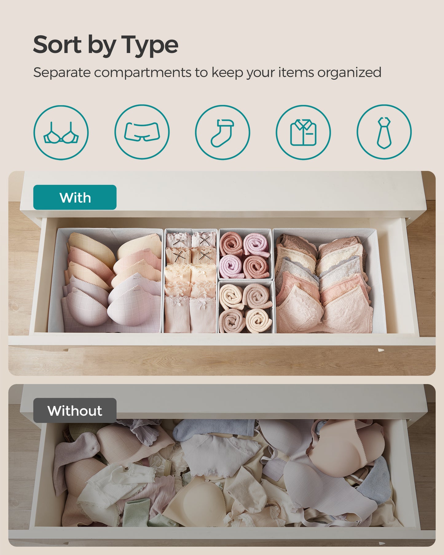 SONGMICS Drawer Organizers, Dresser Divider Organizers, Set of 18, Foldable Fabric Storage Boxes, Cloud White