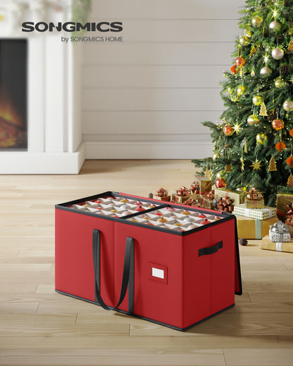 SONGMICS Christmas Ornament Storage Box Dual Zippers Stackable Christmas Storage Container with Lid 8 Trays, 600D Oxford, 3-Inch 128 Slots Cherry Red