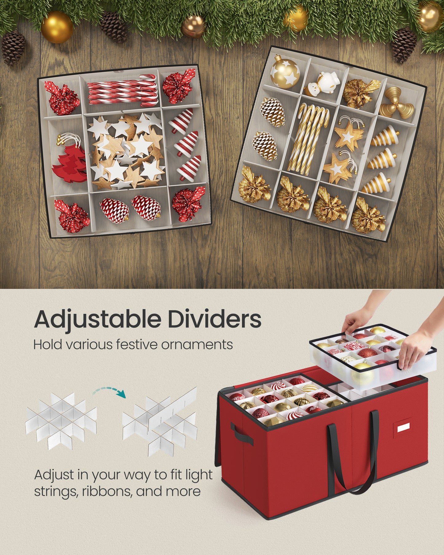 SONGMICS Christmas Ornament Storage Box Dual Zippers Stackable Christmas Storage Container with Lid 8 Trays, 600D Oxford, 3-Inch 128 Slots Cherry Red