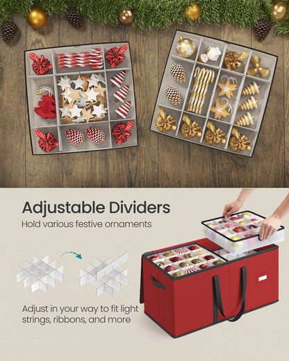 SONGMICS Christmas Ornament Storage Box Dual Zippers Stackable Christmas Storage Container with Lid 8 Trays, 600D Oxford, 3-Inch 128 Slots Cherry Red