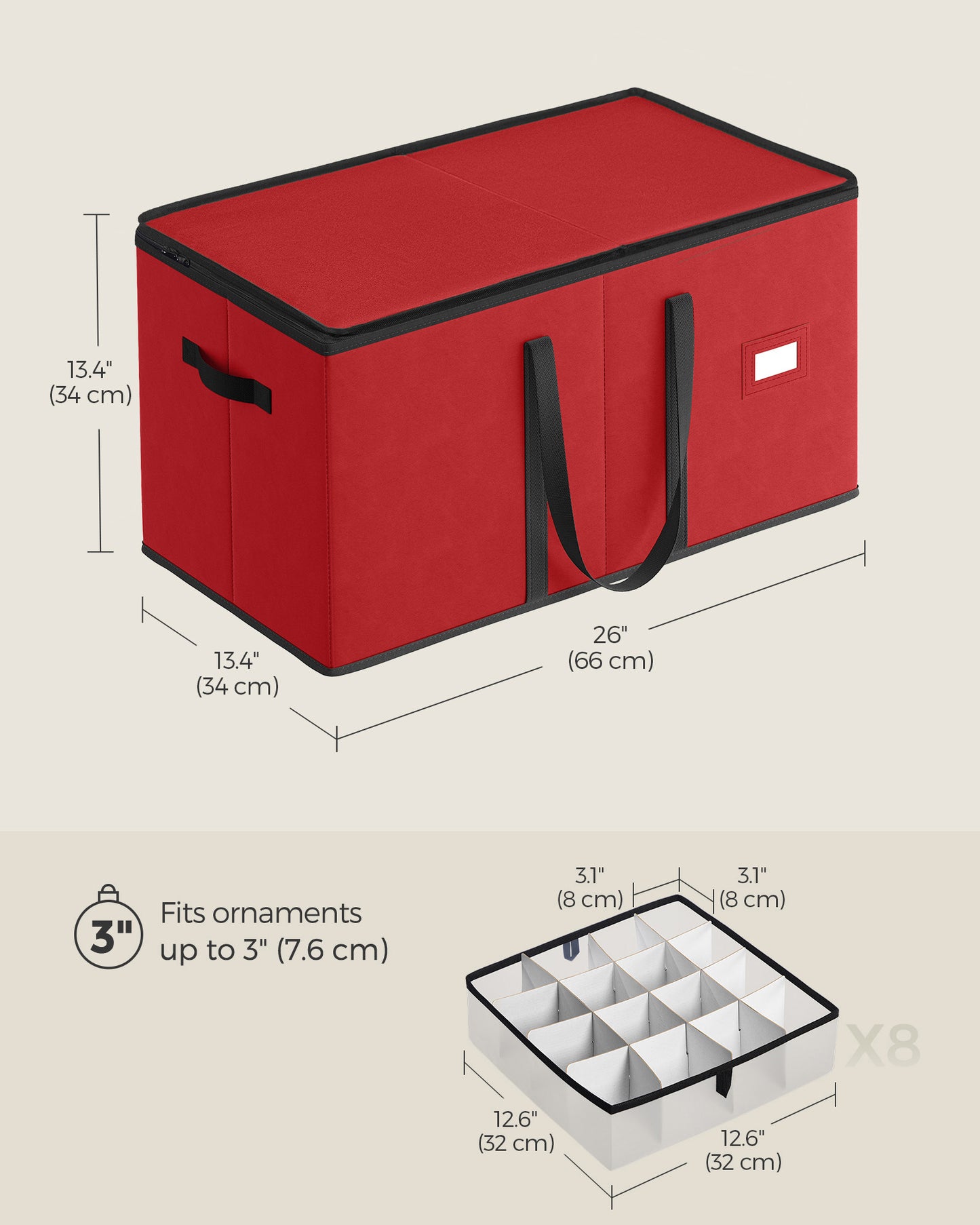 SONGMICS Christmas Ornament Storage Box Dual Zippers Stackable Christmas Storage Container with Lid 8 Trays, 600D Oxford, 3-Inch 128 Slots Cherry Red