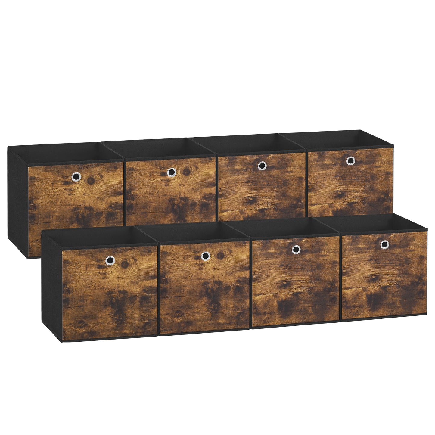Set of 8 Fabric Storage Cubes, 13x13x13 Inch Foldable Organizer Bins with Handles for Cube Shelves, Rustic Brown and Black