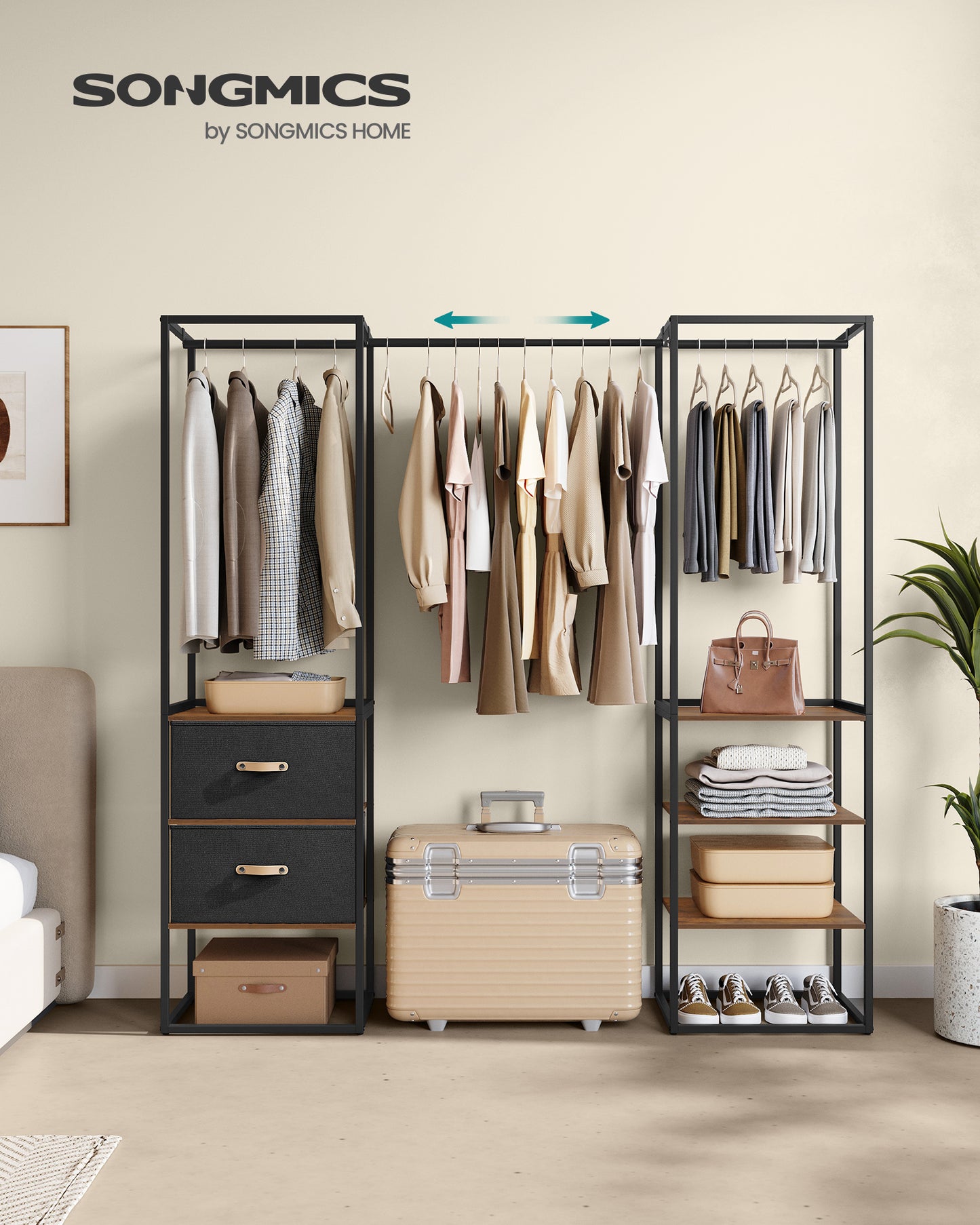 SONGMICS Clothes Rack, 70.9 Inch Wardrobe Freestanding Closet, Heavy Duty Garment Rack with 1 Extendable Hanging Rod, 2 Drawers and 4 Shelves, for Bedroom, Space-Saving, Rustic Brown