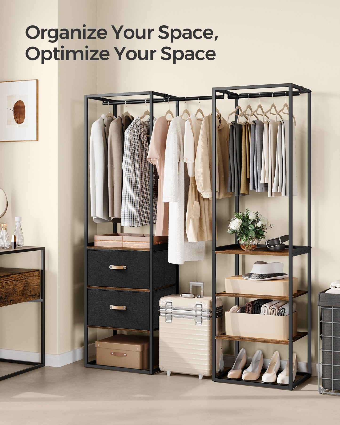 SONGMICS Clothes Rack, 70.9 Inch Wardrobe Freestanding Closet, Heavy Duty Garment Rack with 1 Extendable Hanging Rod, 2 Drawers and 4 Shelves, for Bedroom, Space-Saving, Rustic Brown