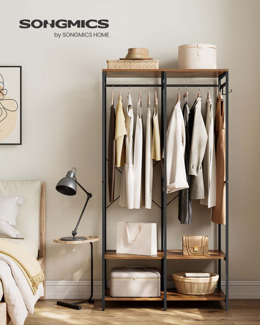 Wardrobe Closet Organizer Clothing Storage Iron and Wood Heavy Duty Clothes Rack with Hanging Rods, Shelves, and Removable Hooks 15.7 x 37.2 x 70.9