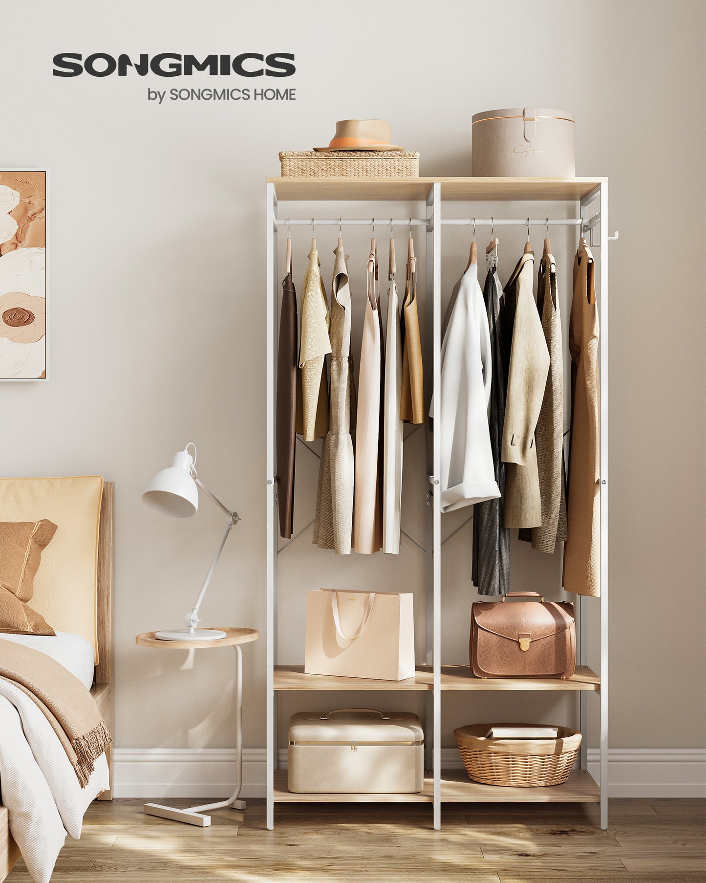 SONGMICS Clothes Rack Iron and Wood Wardrobe Closet Organizer Heavy Duty Garment Rack with Hanging Rods Closet Shelves Removable Hooks Natural Beige