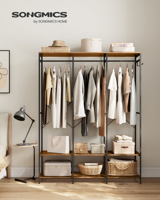 Clothes Rack Wardrobe Closet Organizer Heavy Duty Garment Rack with Hanging Rods Closet Shelves Removable Hooks Rustic Brown