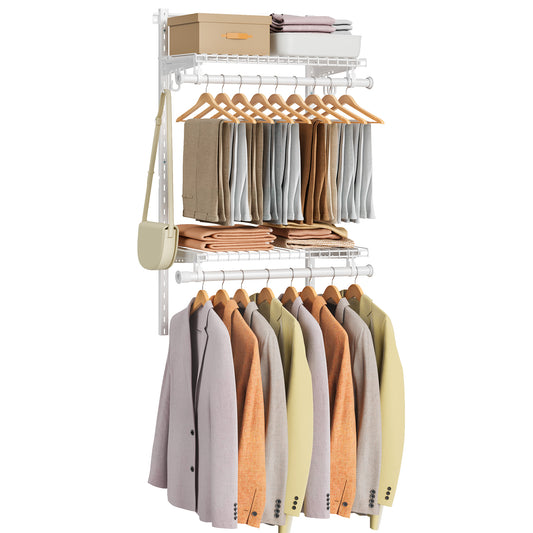 Closet Insert Organizer, 2-4 ft, Adjustable Metal Shelving Unit with 2 Hanging Rods, 2 Shelves, and Hooks, for Pantry Mudroom Garage Basement, Cloud White