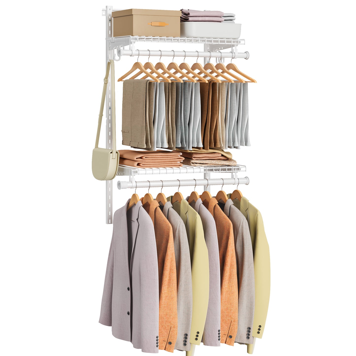 Closet Insert Organizer, 2-4 ft, Adjustable Metal Shelving Unit with 2 Hanging Rods, 2 Shelves, and Hooks, for Pantry Mudroom Garage Basement, Cloud White