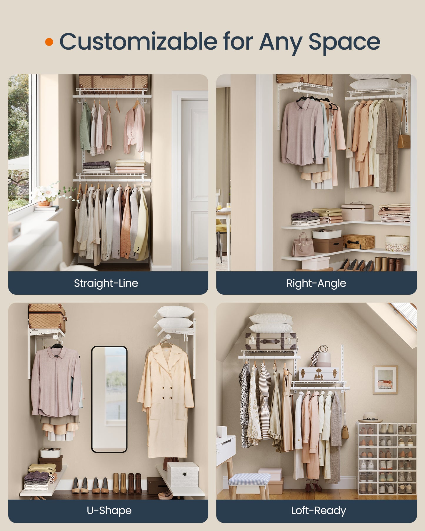 Closet Insert Organizer, 2-4 ft, Adjustable Metal Shelving Unit with 2 Hanging Rods, 2 Shelves, and Hooks, for Pantry Mudroom Garage Basement, Cloud White