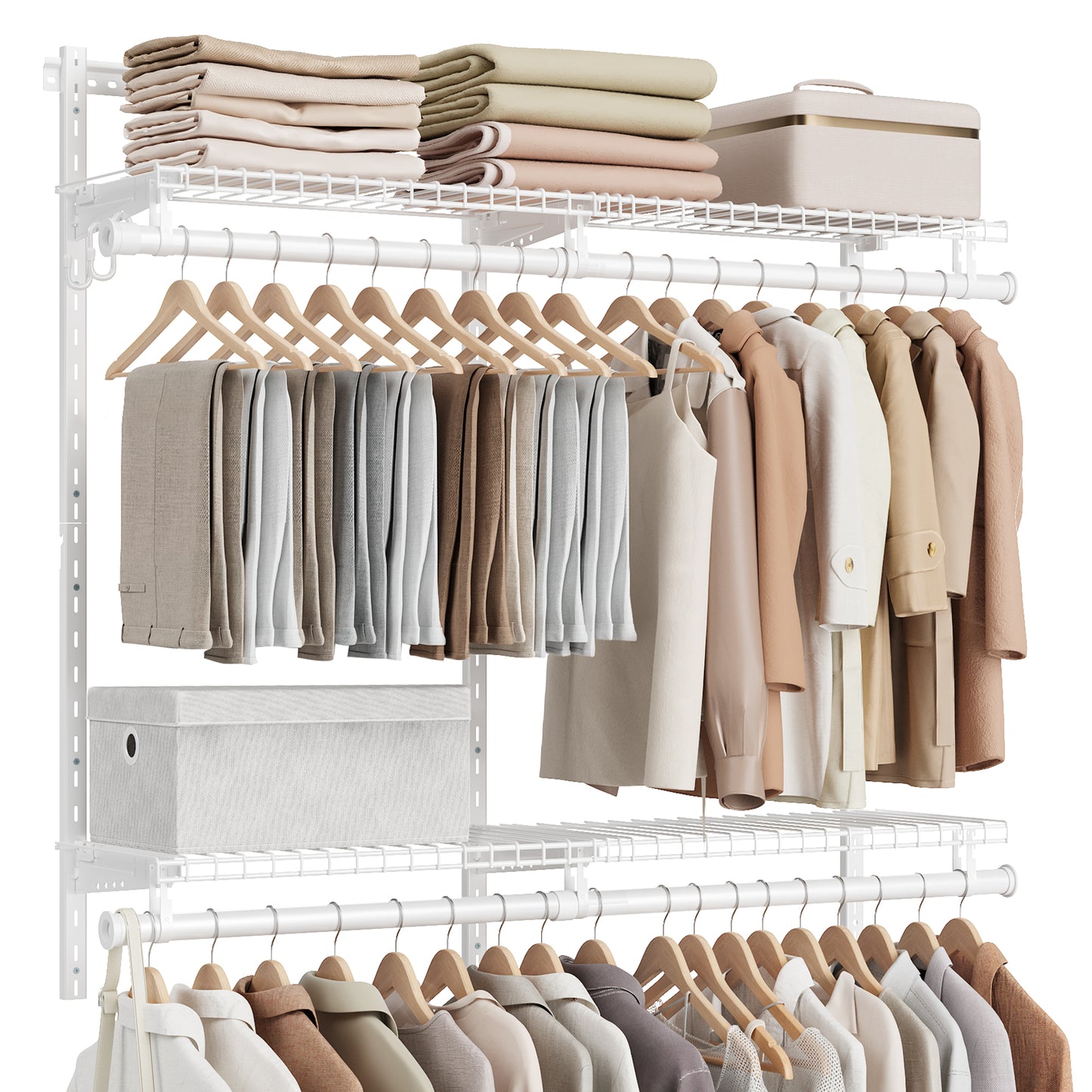 SONGMICS HOME Closet System, Closet Insert Organizer, 4-6 ft, Adjustable Metal Shelving Unit with 4 Hanging Rods, 4 Shelves, Hooks, Cloud White