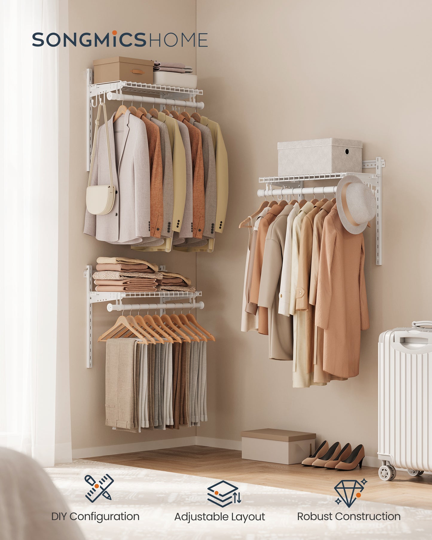 SONGMICS HOME Closet System, Closet Insert Organizer, 4-6 ft, Adjustable Metal Shelving Unit with 4 Hanging Rods, 4 Shelves, Hooks, Cloud White