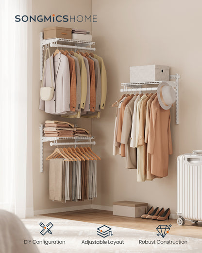 SONGMICS HOME Closet System, Closet Insert Organizer, 4-6 ft, Adjustable Metal Shelving Unit with 4 Hanging Rods, 4 Shelves, Hooks, Cloud White