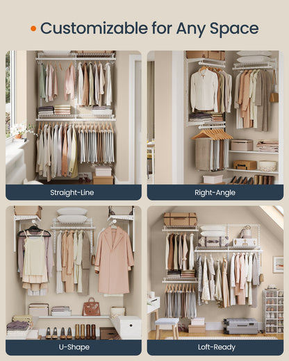 SONGMICS HOME Closet System, Closet Insert Organizer, 4-6 ft, Adjustable Metal Shelving Unit with 4 Hanging Rods, 4 Shelves, Hooks, Cloud White