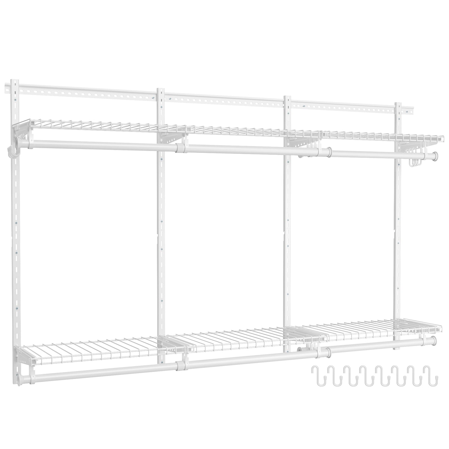 Adjustable Closet Organizer System - 4-8 ft Metal Shelving Unit with 6 Rods & 6 Shelves, 414 lb Capacity, Cloud White