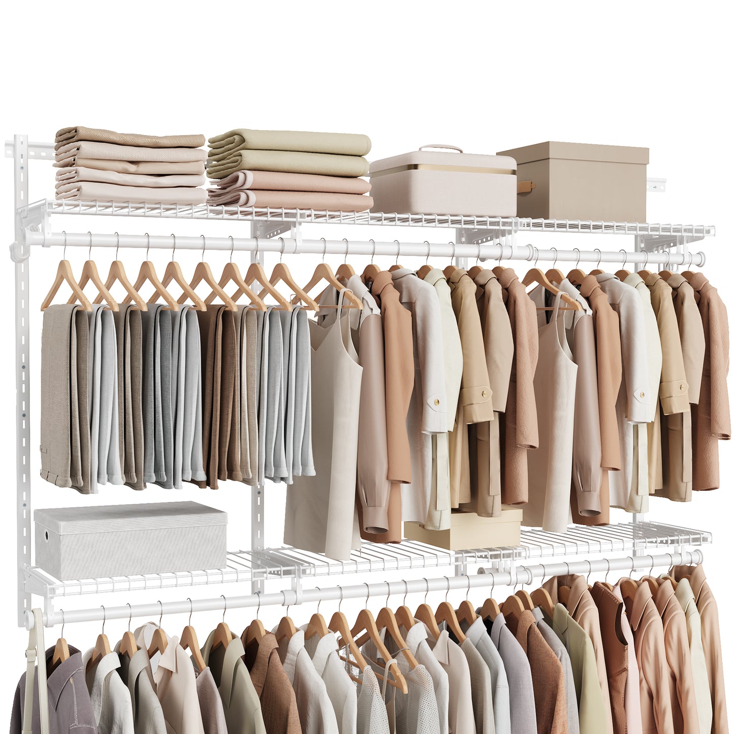 Adjustable Closet Organizer System - 4-8 ft Metal Shelving Unit with 6 Rods & 6 Shelves, 414 lb Capacity, Cloud White