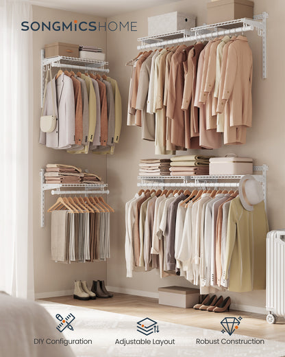 Adjustable Closet Organizer System - 4-8 ft Metal Shelving Unit with 6 Rods & 6 Shelves, 414 lb Capacity, Cloud White