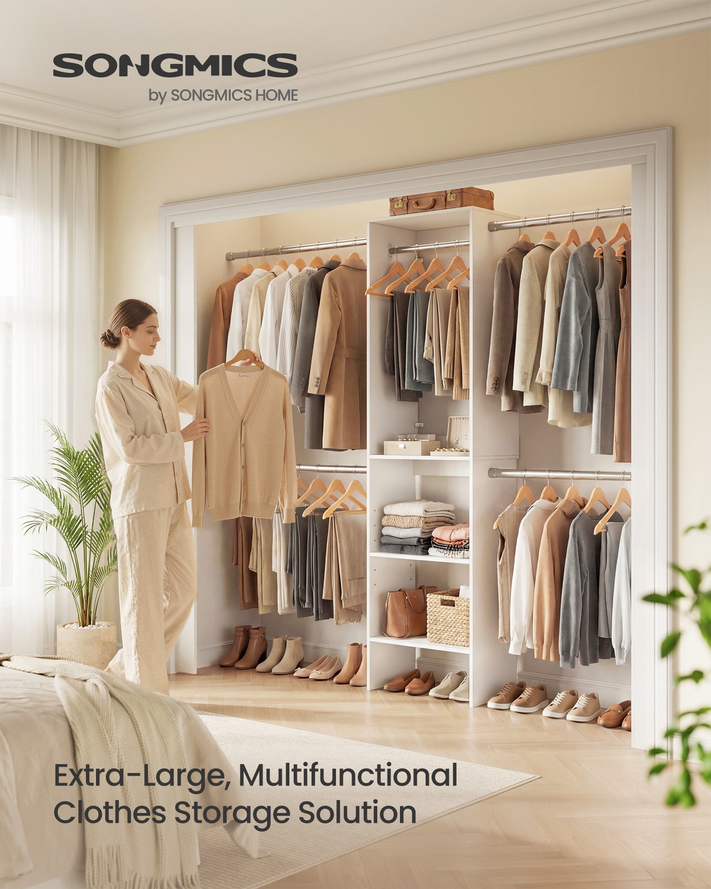 SONGMICS CUSTOS Collection - Closet System, Customizable Walk-In Closet Organizer System with Adjustable Hanging Rods and Storage Shelves, White, Fits Spaces 4-9.6 ft