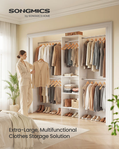 SONGMICS CUSTOS Collection - Closet System, Customizable Walk-In Closet Organizer System with Adjustable Hanging Rods and Storage Shelves, White, Fits Spaces 4-9.6 ft