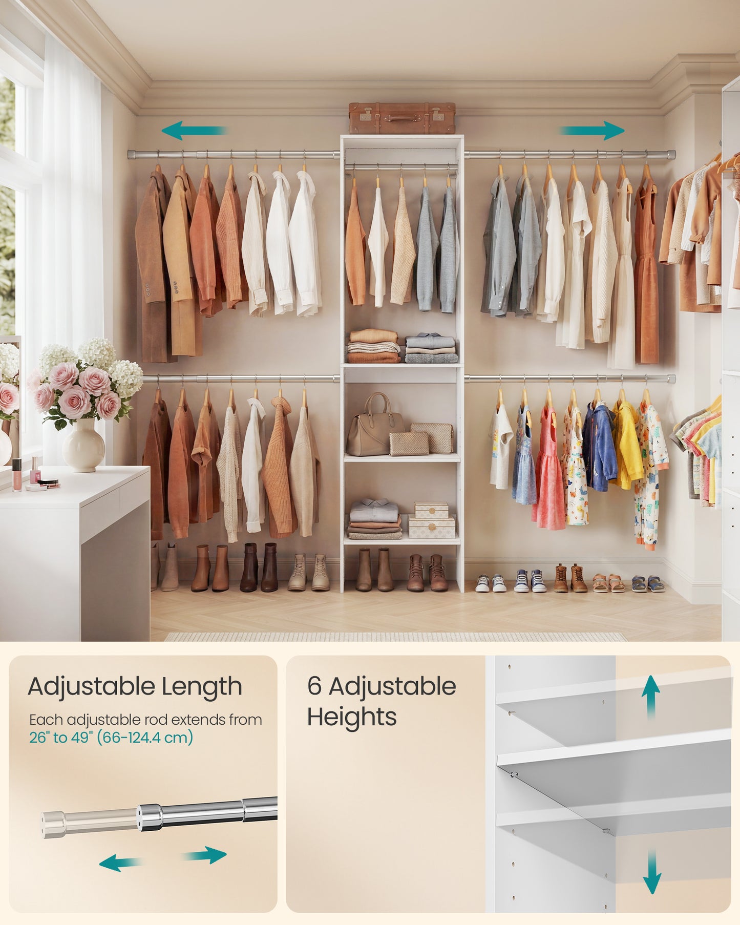 SONGMICS CUSTOS Collection - Closet System, Customizable Walk-In Closet Organizer System with Adjustable Hanging Rods and Storage Shelves, White, Fits Spaces 4-9.6 ft
