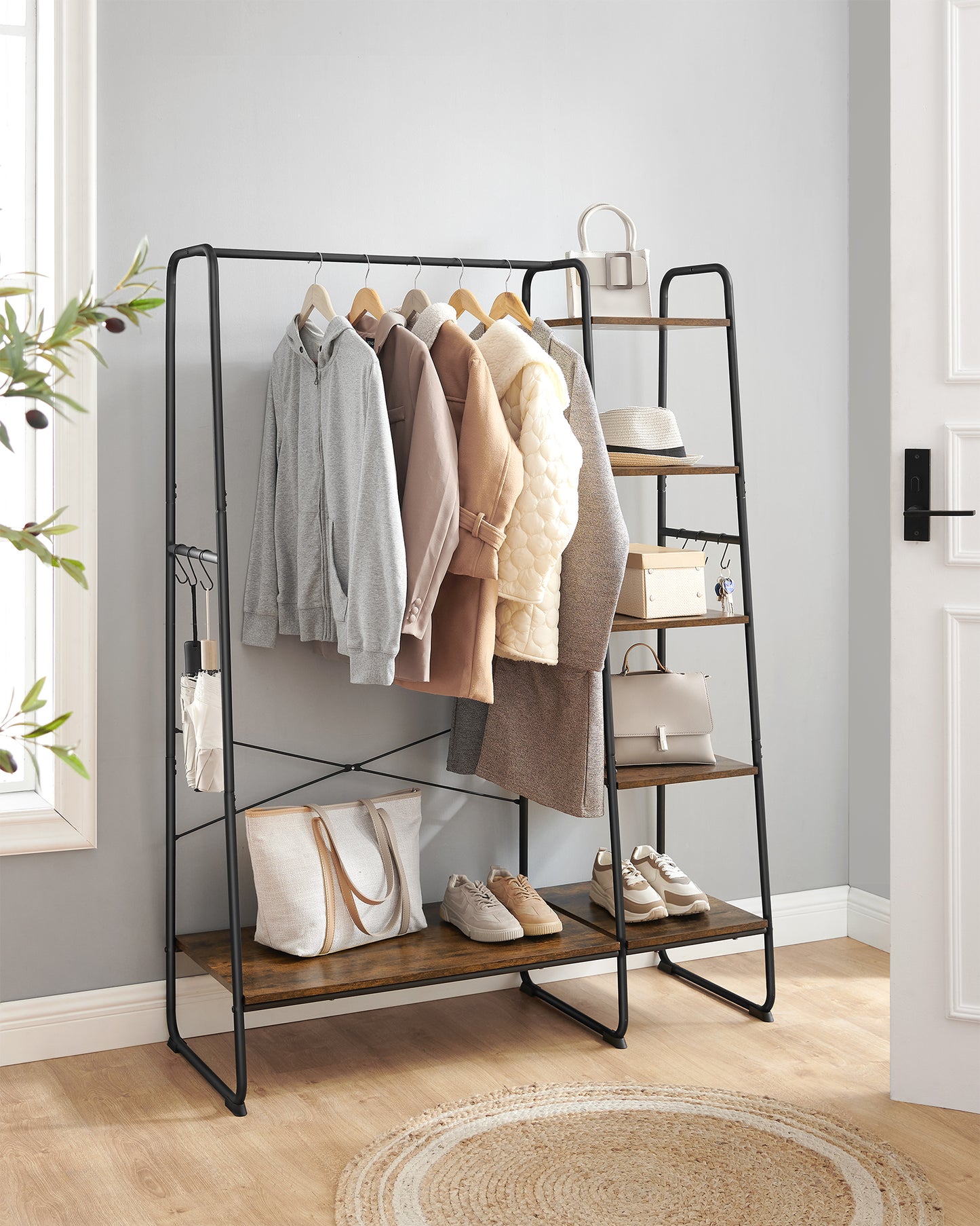 Clothes Rack, Clothing Rack with Shoe Shelf, 5-Tier Storage Rack, 6 Side Hooks, for Bedroom, Living Room, Rustic Brown and Black