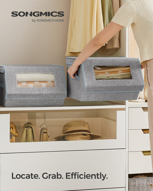 SONGMICS Set of 2 Stackable Storage Bins Fabric Storage Boxes Closet Organizers with Lids and Front Windows Dove Gray