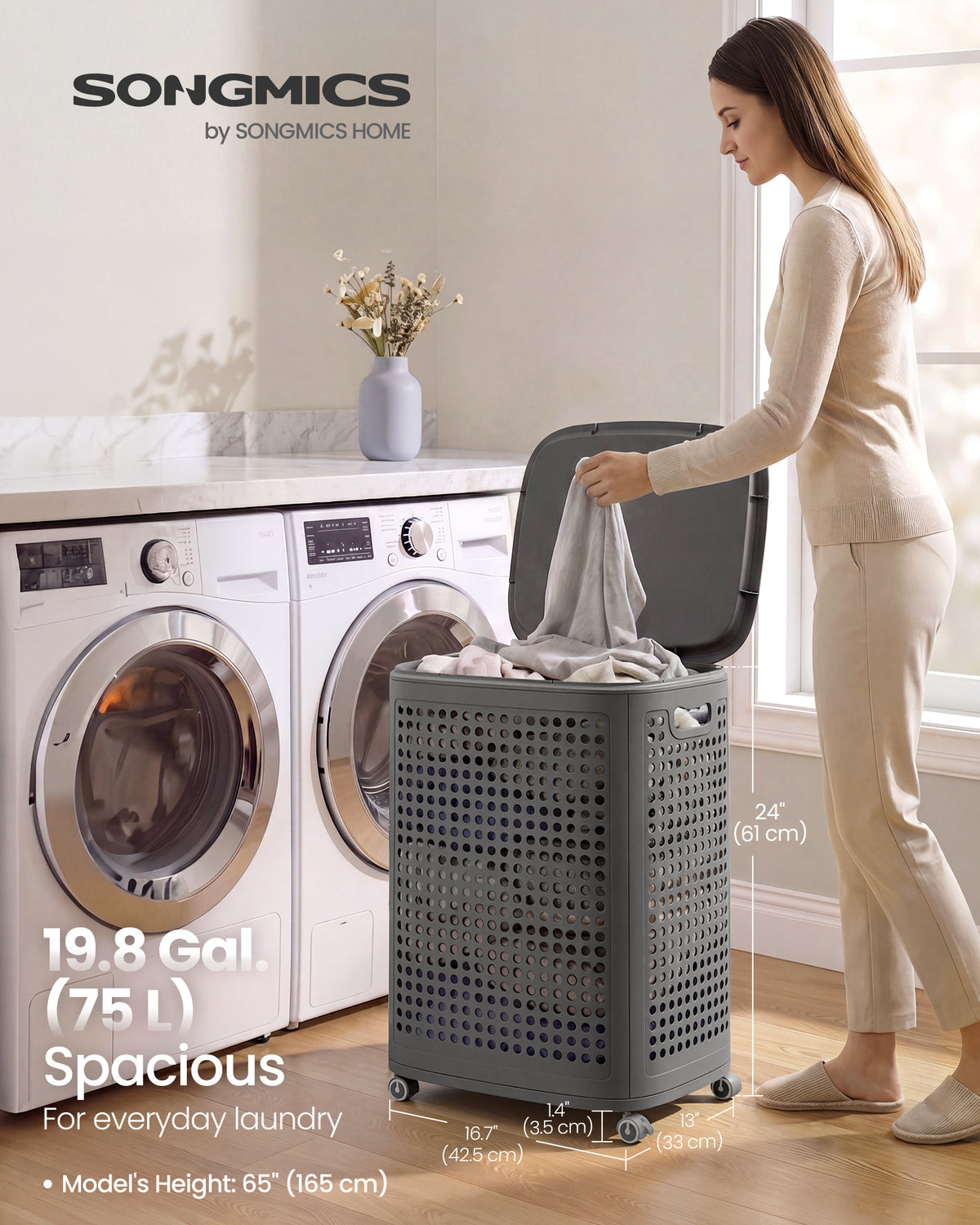 SONGMICS Plastic Laundry Hamper with Lid, 75 L Ventilated Laundry Basket with Cutout Handles, 16.7 x 13 x 24 inch, Dark Gray, for Bathroom Bedroom Dorm, Dennys Collection