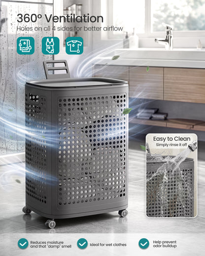 SONGMICS Plastic Laundry Hamper with Lid, 75 L Ventilated Laundry Basket with Cutout Handles, 16.7 x 13 x 24 inch, Dark Gray, for Bathroom Bedroom Dorm, Dennys Collection