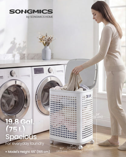 SONGMICS PP Plastic Laundry Hamper with Lid, 75 L Ventilated Laundry Basket with Cutout Handles, 16.7 x 13 x 24 inch, Light Beige, for Bathroom Bedroom Dorm, Dennys Collection