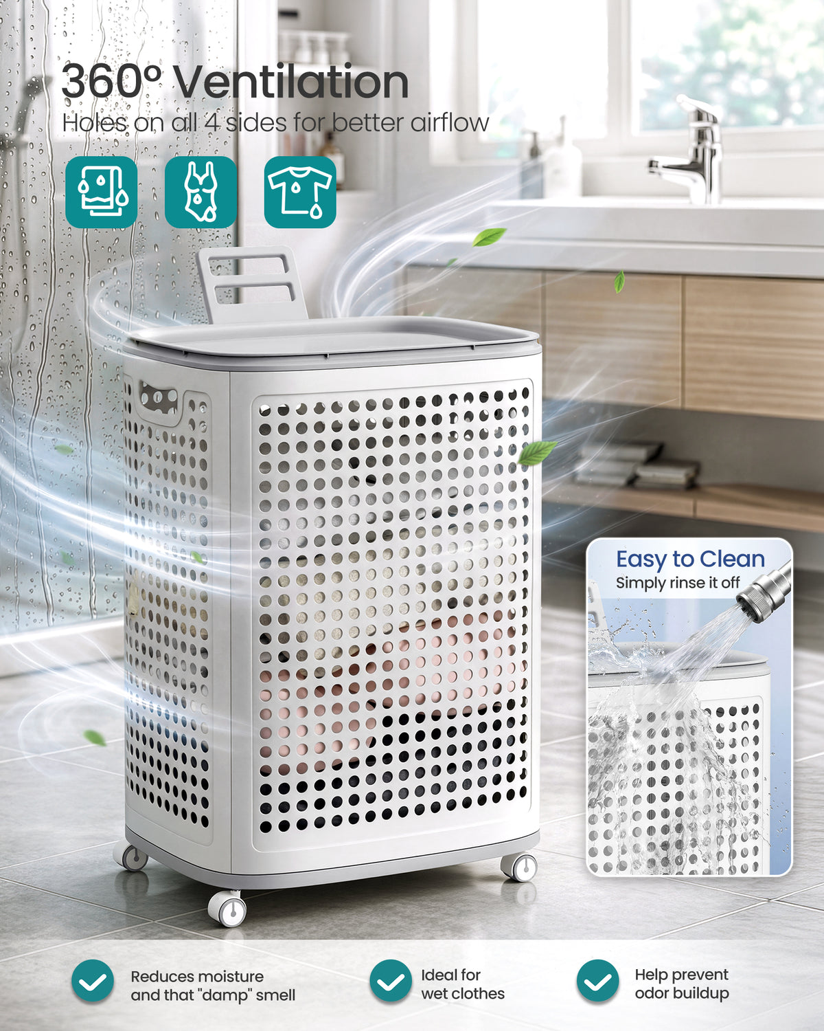 SONGMICS PP Plastic Laundry Hamper with Lid, 75 L Ventilated Laundry Basket with Cutout Handles, 16.7 x 13 x 24 inch, Light Beige, for Bathroom Bedroom Dorm, Dennys Collection