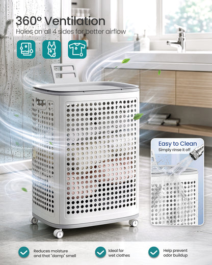 SONGMICS PP Plastic Laundry Hamper with Lid, 75 L Ventilated Laundry Basket with Cutout Handles, 16.7 x 13 x 24 inch, Light Beige, for Bathroom Bedroom Dorm, Dennys Collection