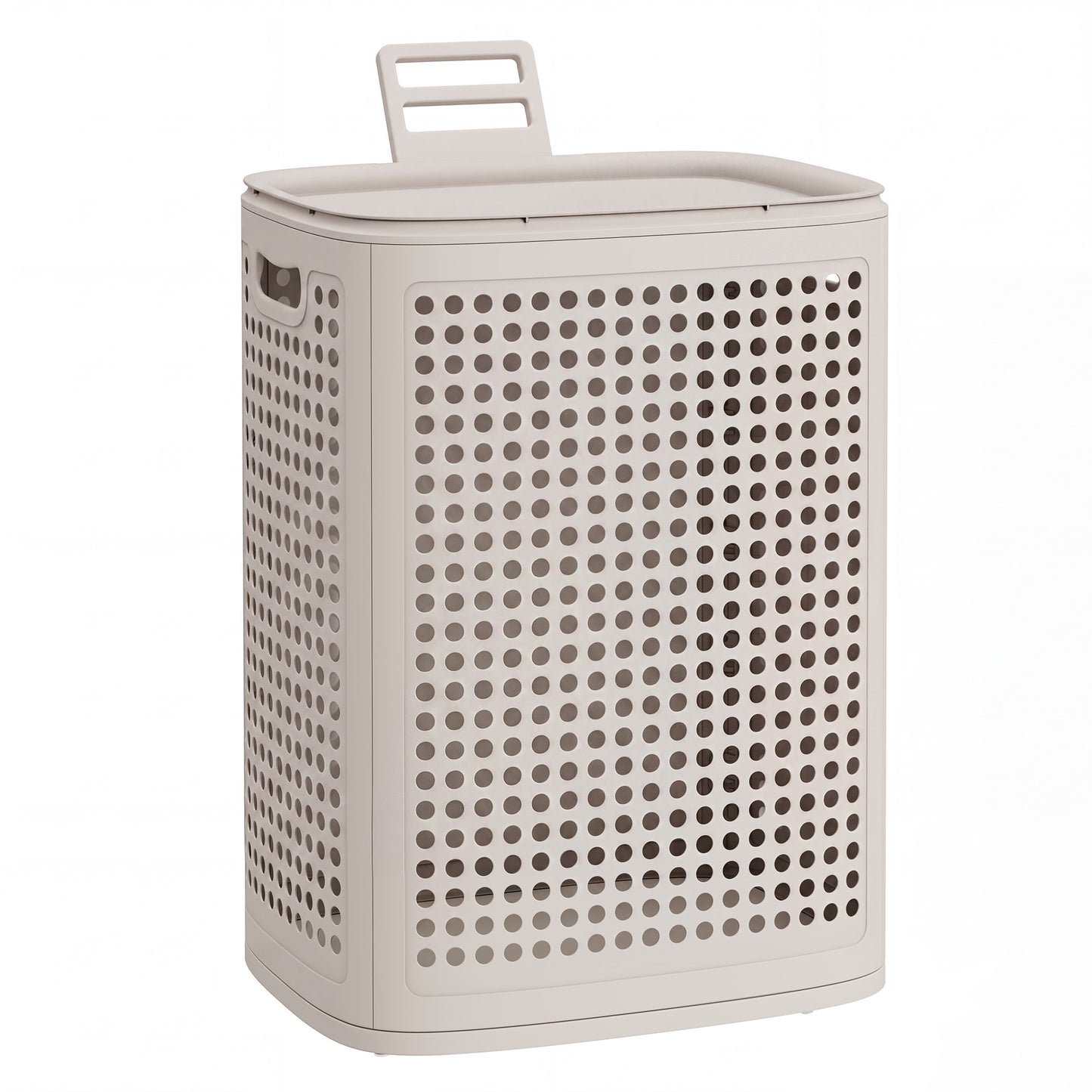 SONGMICS PP Plastic Laundry Hamper with Lid, 75 L Ventilated Laundry Basket with Cutout Handles, 16.7 x 13 x 22.4 inch, Light Beige