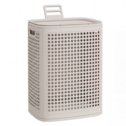 SONGMICS PP Plastic Laundry Hamper with Lid, 75 L Ventilated Laundry Basket with Cutout Handles, 16.7 x 13 x 22.4 inch, Light Beige