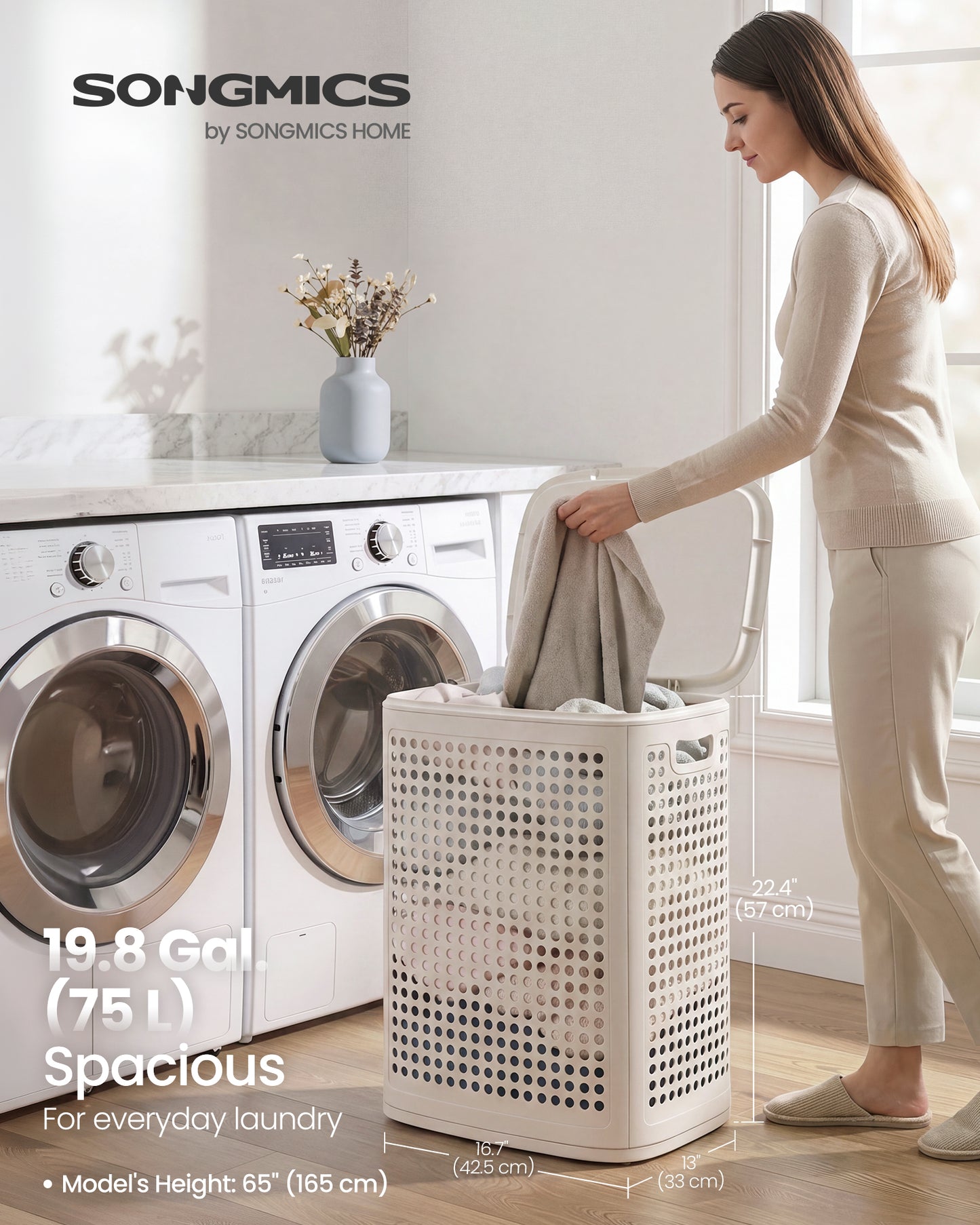 SONGMICS PP Plastic Laundry Hamper with Lid, 75 L Ventilated Laundry Basket with Cutout Handles, 16.7 x 13 x 22.4 inch, Light Beige