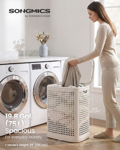 SONGMICS PP Plastic Laundry Hamper with Lid, 75 L Ventilated Laundry Basket with Cutout Handles, 16.7 x 13 x 22.4 inch, Light Beige