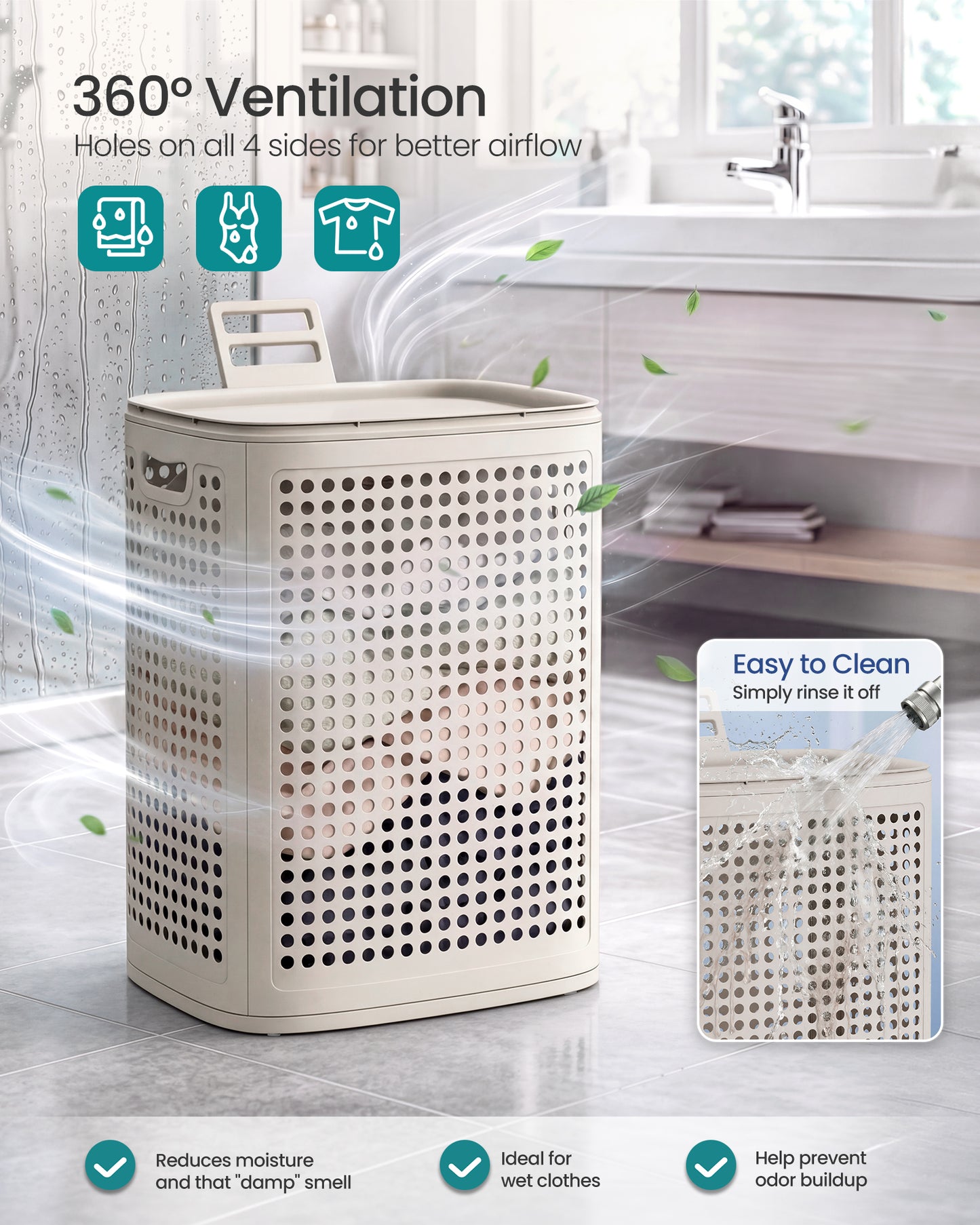 SONGMICS PP Plastic Laundry Hamper with Lid, 75 L Ventilated Laundry Basket with Cutout Handles, 16.7 x 13 x 22.4 inch, Light Beige